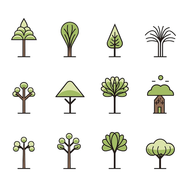 Vecteur icônes d'arbre ou de plante collection d'éléments de conception d'icône d'arbre ensemble d'icônes de ligne vectorielle d'arbre