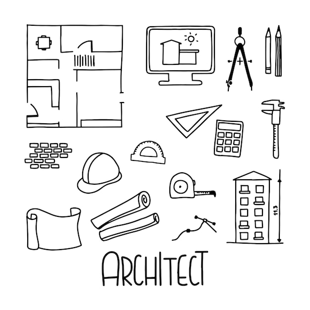 Vecteur icônes d'architecte avec lettrage main dessiner illustration de ligne vectorielle