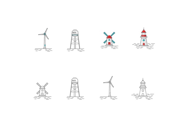 Vecteur icones de l'art linéaire du moulin à vent ligh