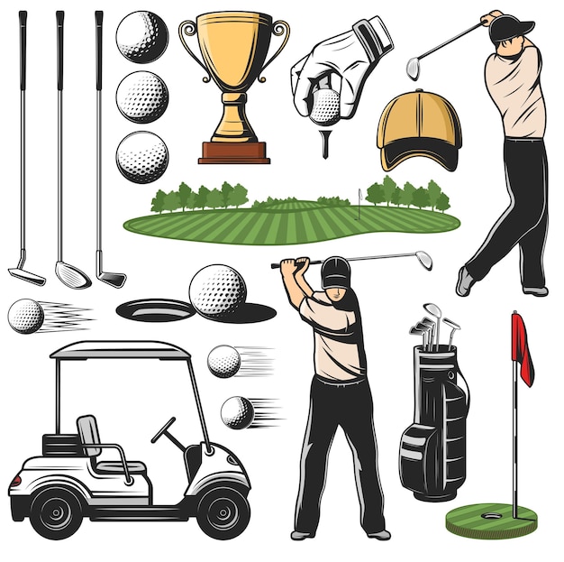Icônes d'articles de sport de golf et joueur avec parcours de jeu