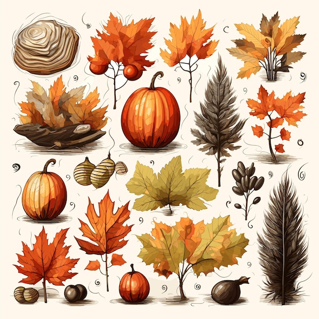 Les icônes d'automne définissent des autocollants très détaillés sur fond blanc haute résolution