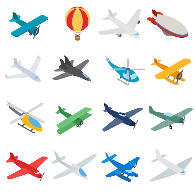 Icônes d'aviation dans un style 3d isométrique. Avions mis illustration vectorielle isolé