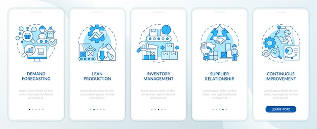 Icônes bleues 2D représentant l'ensemble d'écran d'application mobile de surproduction Procédure pas à pas instructions graphiques en 5 étapes avec icônes de ligne mince concept UI UX GUI modèle