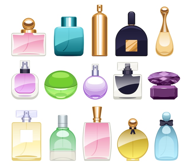 Vecteur icônes de bouteilles de parfum mis en illustration. eau de parfum. eau de toilette.