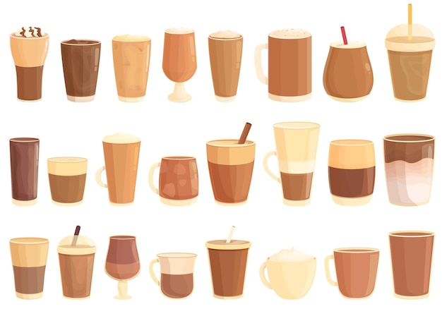 Icônes de café froid définies vecteur de dessin animé Lait americano