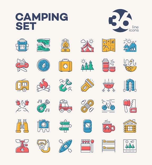 Les Icônes De Camping Et De Randonnée Définissent Un Style De Couleur Composé D'équipements De Camping Et D'excursion Pour Explorer L'emblème, L'autocollant De Randonnées, L'étiquette D'expédition, Le Symbole Touristique, Le Badge De Voyage, L'escalade, L'affiche, La Bannière.