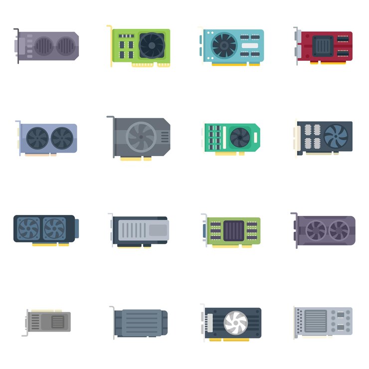 Vecteur icônes de carte graphique gpu définies vecteur plat hard ware