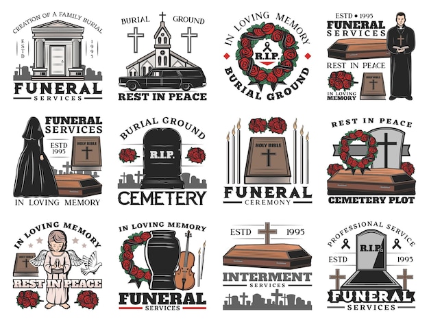 Icônes De Cérémonie Funéraire Avec Des Cercueils Sur Le Cimetière