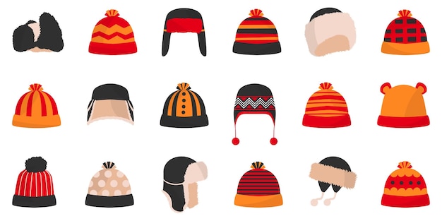 Vecteur icônes de chapeau ou de casquette d'hiver collection de bonnets dans un design plat ensemble de chapeaux d'hiver couleur