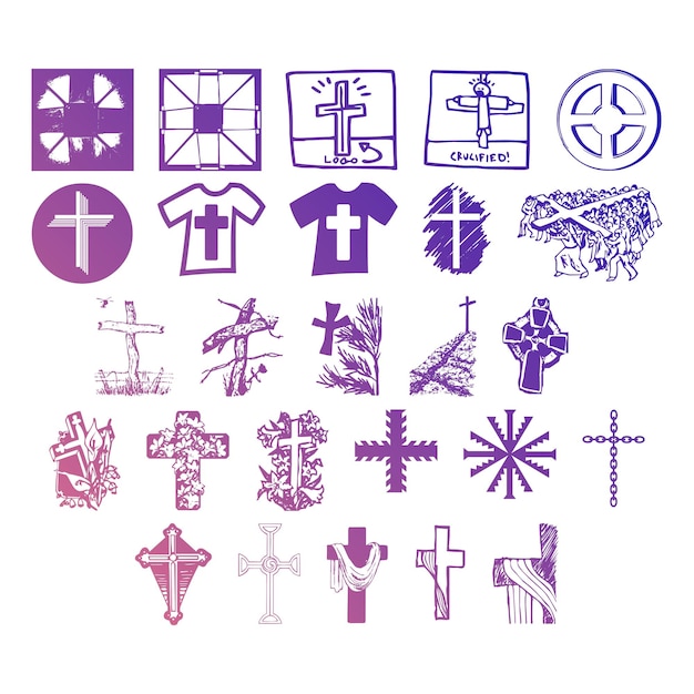 Vecteur les icônes chrétiennes sont constituées d'un ensemble d'objets, d'un effet de gradient, d'une photo jpg et d'un jeu vectoriel.