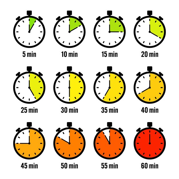 Icones de chronomètre coloré chronomètre simple compteur de temps avec chronomètre de compte à rebours de cadran montrant les heures et