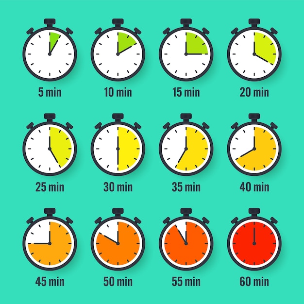 Icones de chronomètre coloré chronomètre simple compteur de temps avec chronomètre de compte à rebours de cadran montrant les heures et