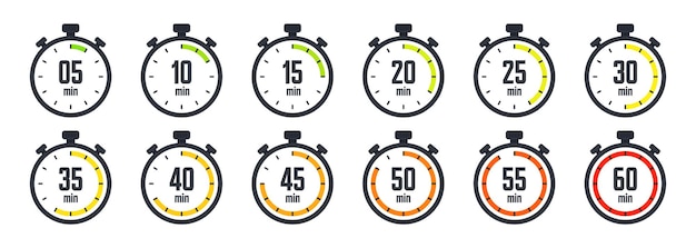 Icones de chronomètre coloré chronomètre simple compteur de temps avec chronomètre de compte à rebours de cadran montrant les heures et