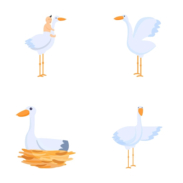 Icones De Cigogne Jeu Vecteur De Dessins Animés Cute Dessin Animé Cigogne Blanche