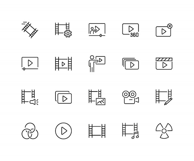 Icônes De Cinéma. Ensemble De Vingt Icônes De Ligne. Piste De Film Du Joueur, Appareil Photo.