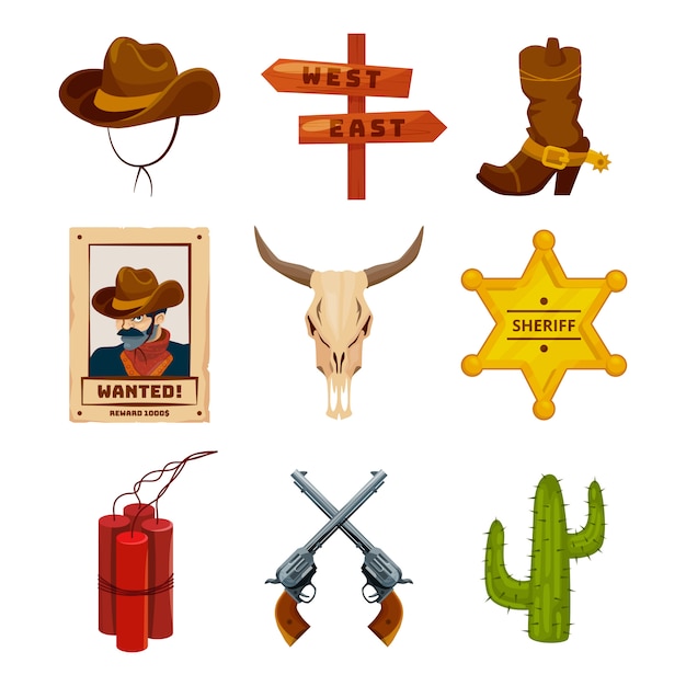 Icônes De Collection De Far West. Illustrations Occidentales Au Style Cartoon. Bottes, Pistolets, Cactus Et Crâne