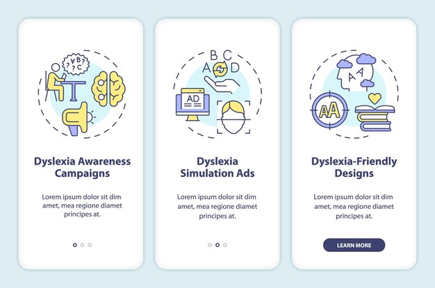 Icônes colorées 2D représentant l'ensemble d'écran de l'application mobile dyslexie Procédure pas à pas instructions graphiques en 3 étapes avec icônes de ligne mince concept UI UX GUI modèle
