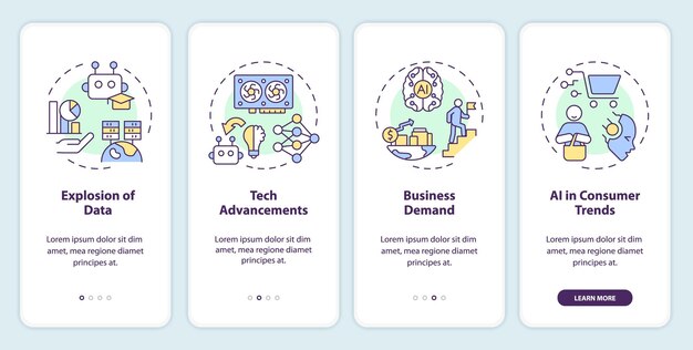 Icônes colorées 2D représentant l'ensemble d'écran d'application mobile d'ingénieur IA Procédure pas à pas instructions graphiques en 4 étapes avec icônes de ligne mince concept UI UX GUI modèle