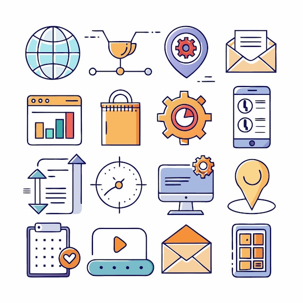 Icones colorées dessinées à la main d'éléments de marketing numérique et de conception Web