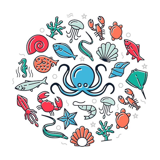 Icônes Colorées De Fruits De Mer En Illustration De Conception De Cercle