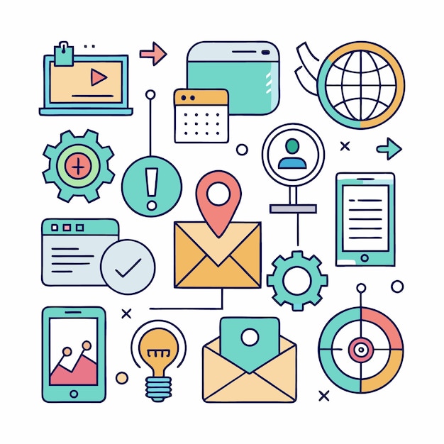 Des icônes colorées représentant une variété de stratégies de marketing en ligne, y compris le SEO, le marketing par e-mail, les médias sociaux et plus encore