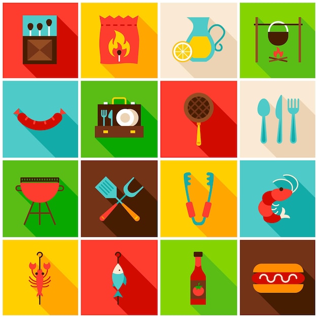 Icônes colorées de soirée barbecue. Illustration vectorielle. Ensemble d'éléments de rectangle plat avec ombre portée.