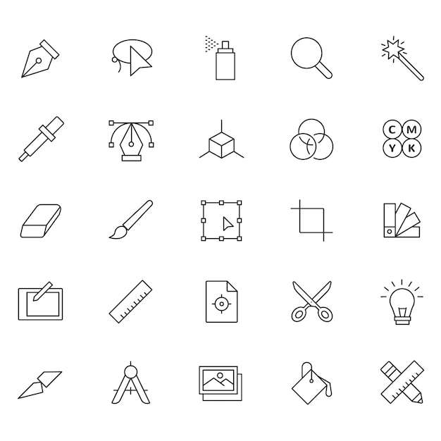 Icones de conception graphique de ligne stylo vectoriel pinceau pinceau palette moniteur règle icônes de typographie