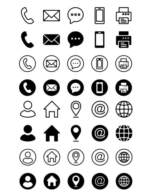 Icones de contact téléphone courriel message imprimante mobile adresse emplacement et plus encore