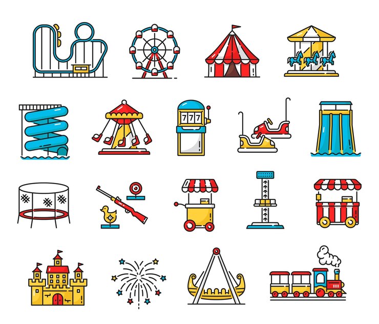 Vecteur icônes de contour des attractions de la fête foraine du parc d'attractions