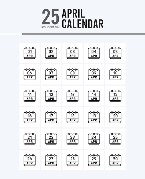 Icônes de contour du calendrier du 25 avril Pack illustration vectorielle