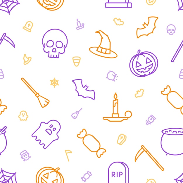 Icônes De Contour Orange Et Violet Sans Couture Des Choses Liées à Halloween
