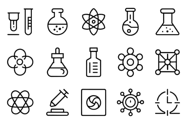 Icones de contour de traits modifiables liées à la science et à la chimie de laboratoire, illustration vectorielle plate isolée sur fond blanc