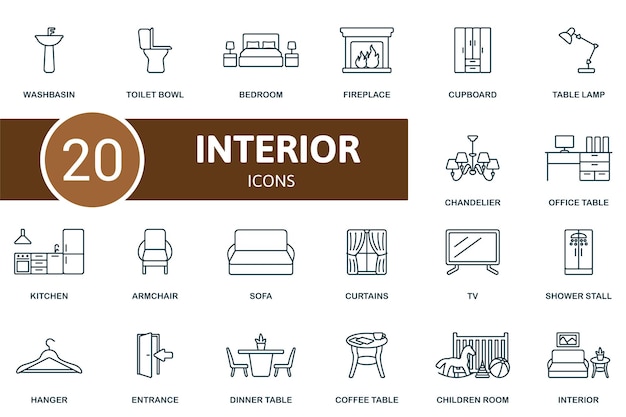 Des icônes de contours intérieurs, des icônes créatives, des lavabos, des toilettes.