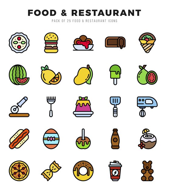 Vecteur icones de couleurs linéaires de nourriture et de restaurant illustration vectorielle du paquet