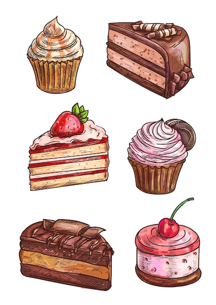 Icônes de croquis de desserts sucrés de pâtisserie