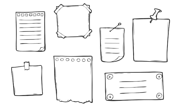 Des icônes de croquis de papier-notes Doodle dans des vecteurs isolés sur un fond blanc