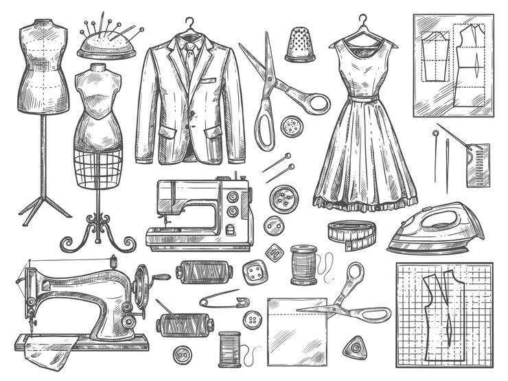 Vecteur icônes de croquis vectoriels de couture et de couture