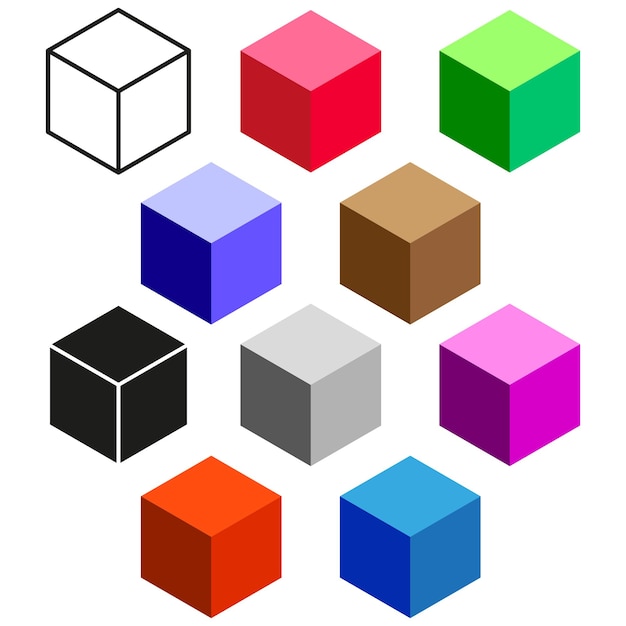 Des icônes de cubes colorés Neuf formes 3D vives Une variété de couleurs vives Illustration vectorielle