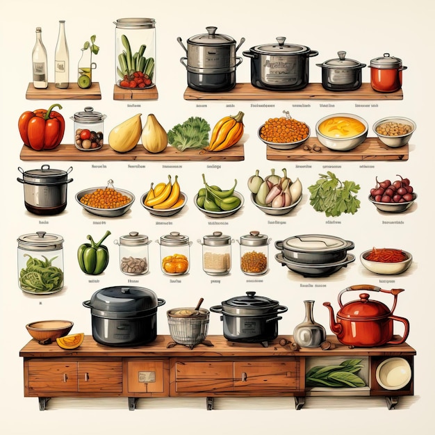 Vecteur icônes de cuisine vectorielles à l'aquarelle sur fond blanc