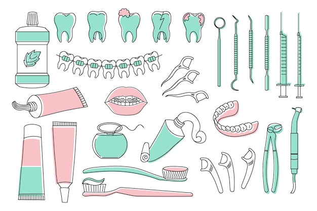 Vecteur icônes dentaires définies collection de symboles de dentisterie esquisses avec illustrations de logo couleur