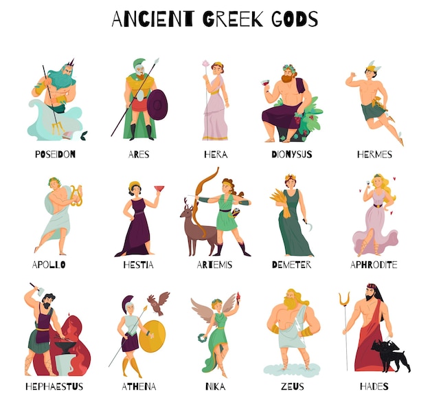 Vecteur icônes de dessin animé colorées sertie de dieux grecs anciens masculins et féminins et leurs noms isolés sur illustration vectorielle fond blanc