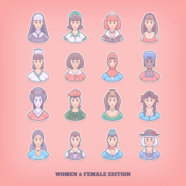 Vecteur icônes de dessin animé de personnes. femme, fille, éléments féminins. illustration de concept.