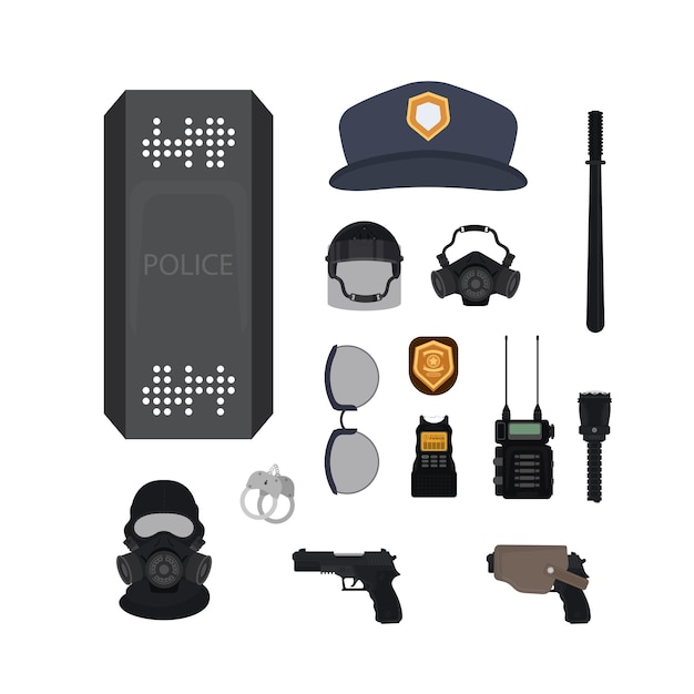 Icônes de dessin animé de service de police dans la collection de jeu pour la conceptionIllustration de stock de symbole de détective et d'accessoires bitmap