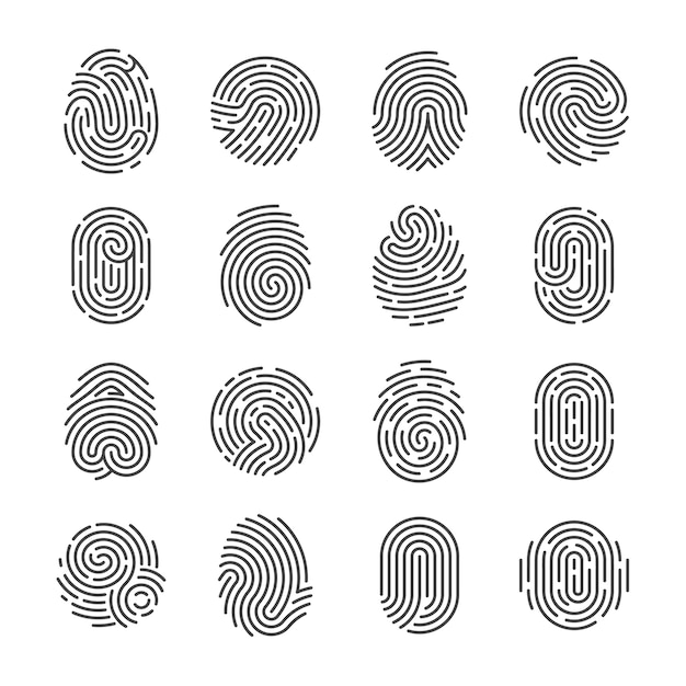 Vecteur icônes détaillées d'empreintes digitales. police scanner symboles de vecteur de pouce. pictogrammes d’identité identité sécurité personne. identité digitale, technologie biométrique