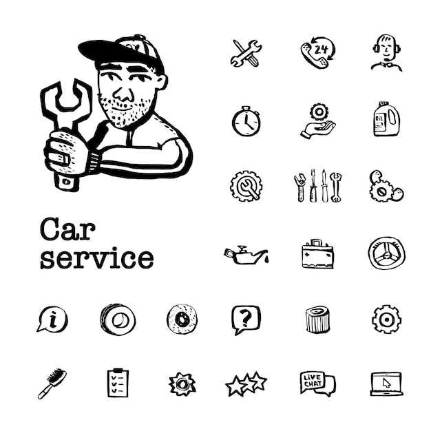 Icônes De Doodle De Service De Voiture