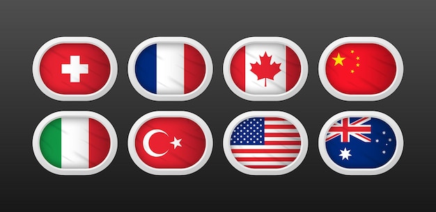 Icônes de drapeaux nationaux Drapeaux de la Suisse France Canada Chine Italie Turquie Amérique Australie ensemble Arrière-plan gradient Collection de drapeaux nationaux isolés Icônes vectorielles