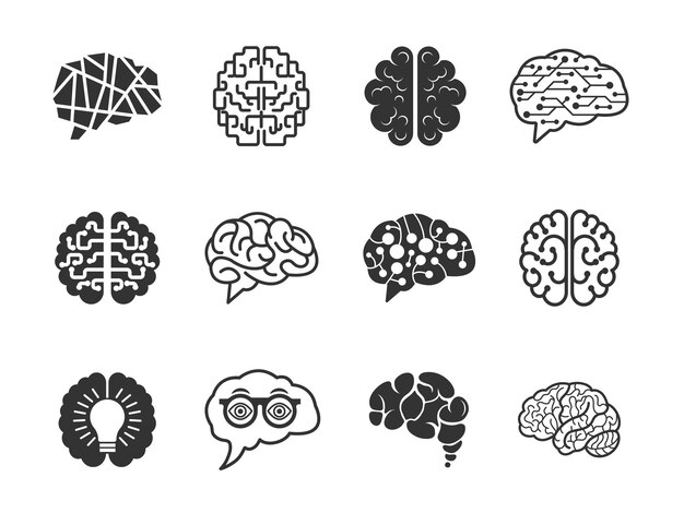 Vecteur icônes du cerveau du gyrus graphiques intelligents neurologiques vectoriels pour l'apprentissage solution ai neurologie brainstorming concepts de l'icône du gyrus psychologie illustration