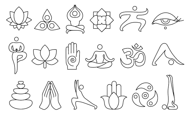 Les icônes du yoga en ligne, les poses de méditation, l'art de la ligne, les pierres zen, la fleur de lotus et le chakra de l'énergie, les symboles spirituels, l'ensemble d'illustrations vectorielles.