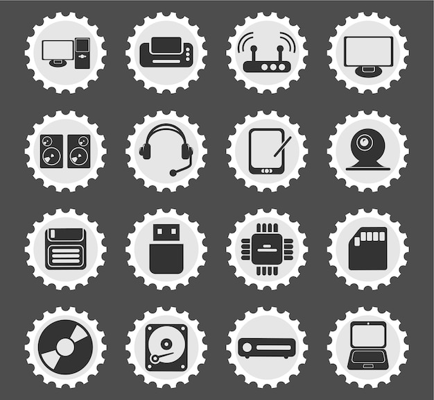 Icônes D'équipement Informatique Sur Des Timbres-poste Ronds Stylisés