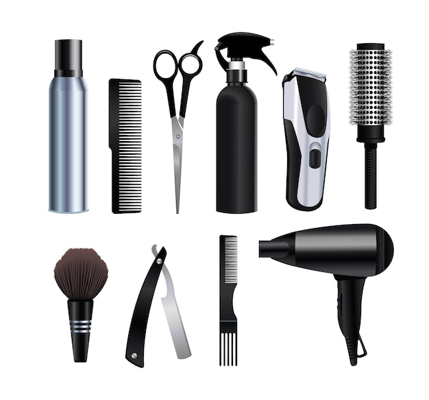 Icônes d'équipement outils de coiffure en illustration de fond blanc